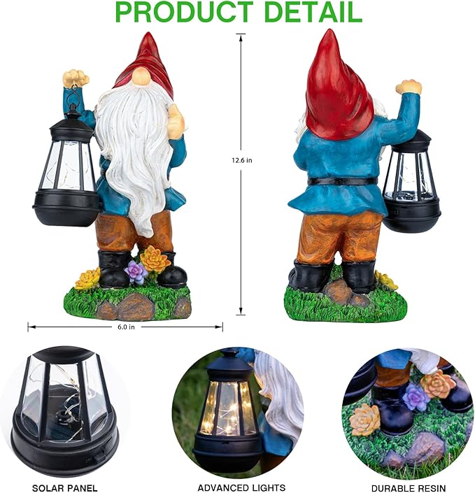 Solar gnome statue detail, front and back views with black lantern and red hat