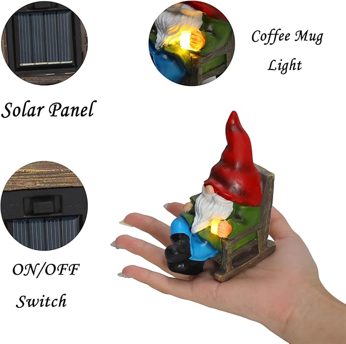 Solar gnome figurine in hand, red hat, white beard, blue pants, glowing light
