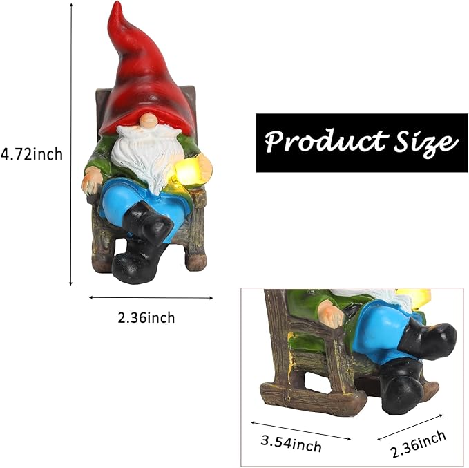 Solar gnome figurine with size reference, red hat, blue pants, glowing light
