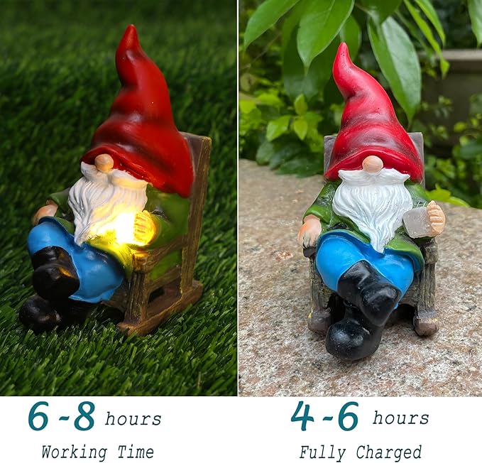 Solar gnome figurine glowing on grass and walkway, red hat, white beard, blue pants