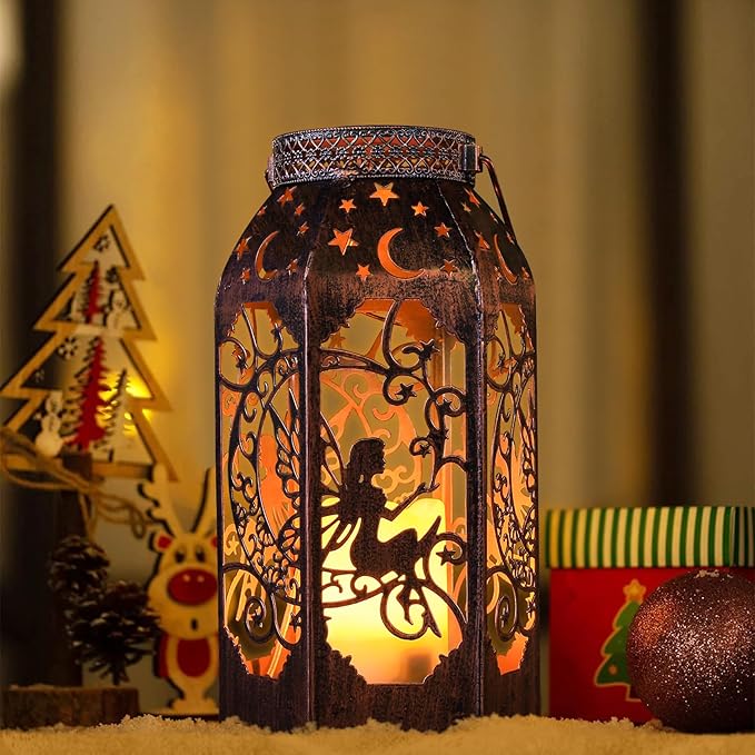 Bronze metal hanging lantern with fairy and moon cutout, warm flicker glow