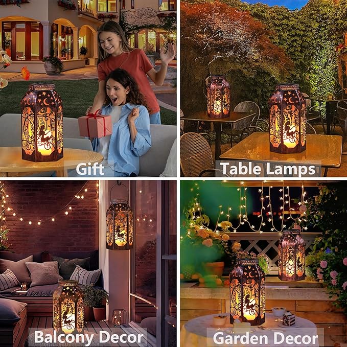 Bronze metal lanterns with fairy and moon cutouts, warm glow for table and garden