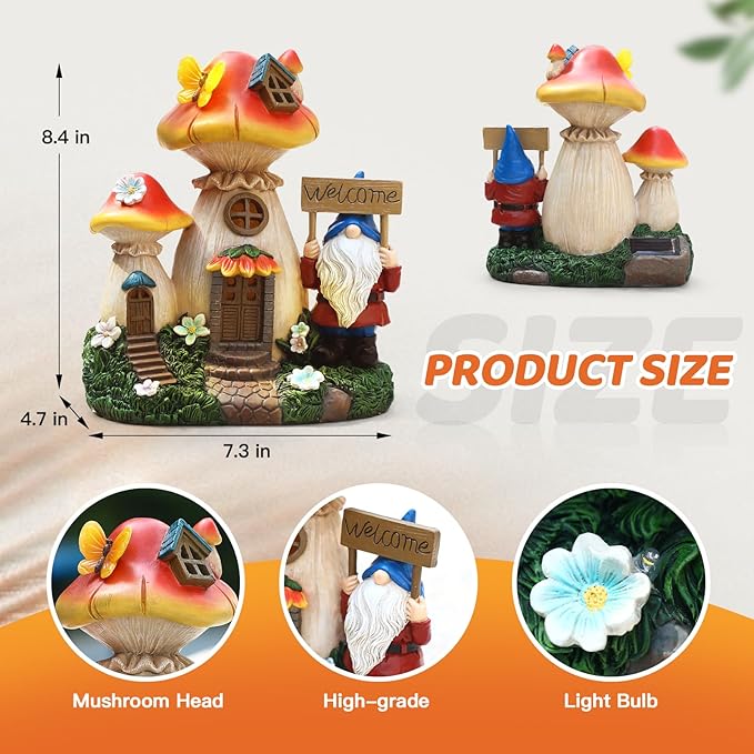 Solar mushroom fairy house light figurine, front view with Welcome sign and mushroom roofs