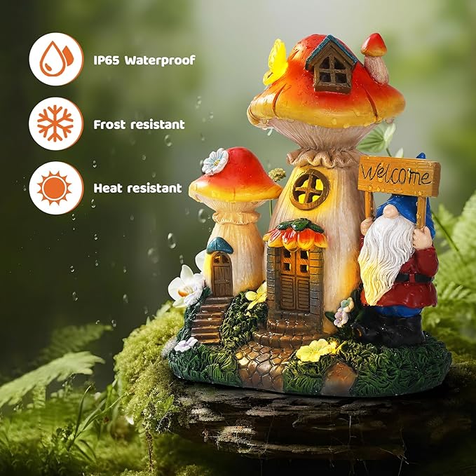 Solar mushroom fairy house statue light with gnome holding Welcome sign, close-up
