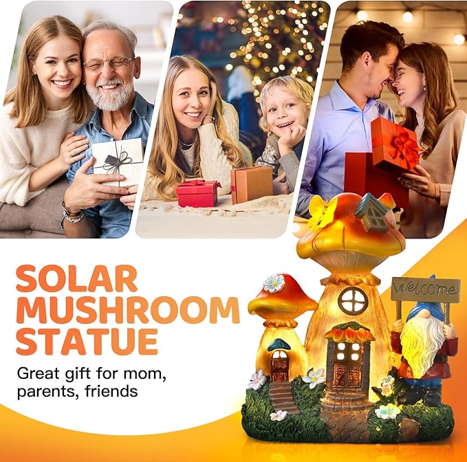 Solar mushroom fairy house statue light with gnome, Welcome sign, and glowing mushroom roofs