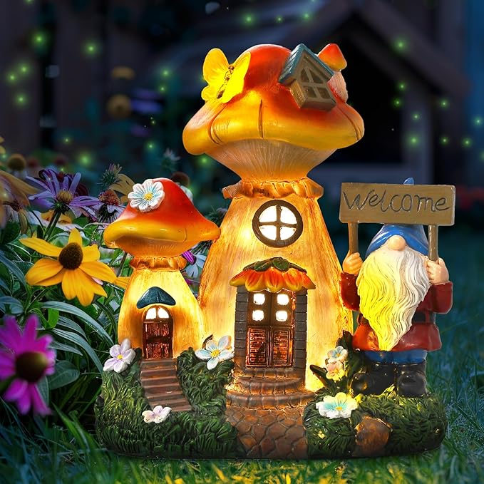 Solar mushroom fairy house statue light with gnome and Welcome sign, decorated garden scene