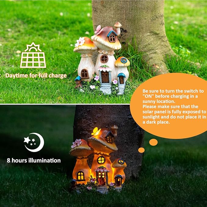 Fairy house garden statue with lit mushroom roofs, small stone steps and colored accents