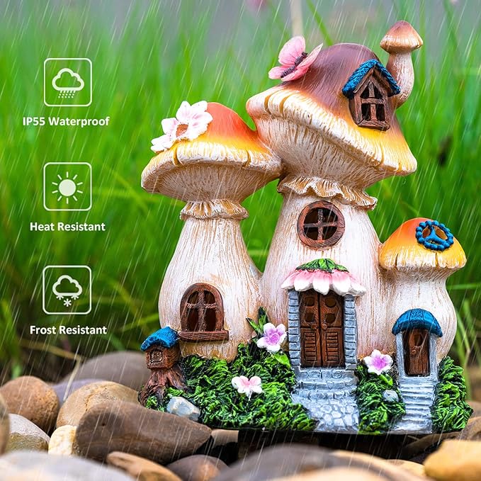 Waterproof fairy house garden statue with lit mushroom roofs, pink flowers, moss and stones