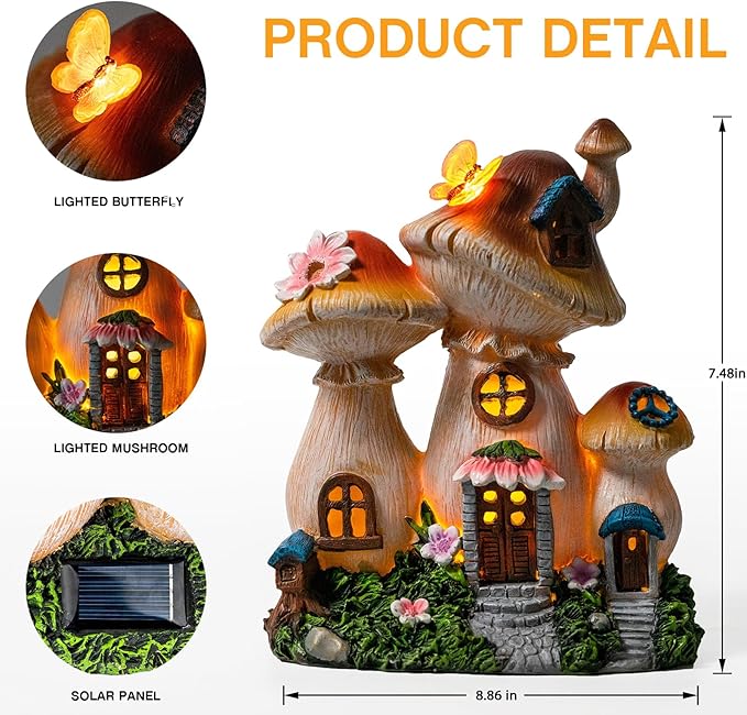 Solar fairy house garden ornament with lit windows, mushroom roofs, and solar panel detail
