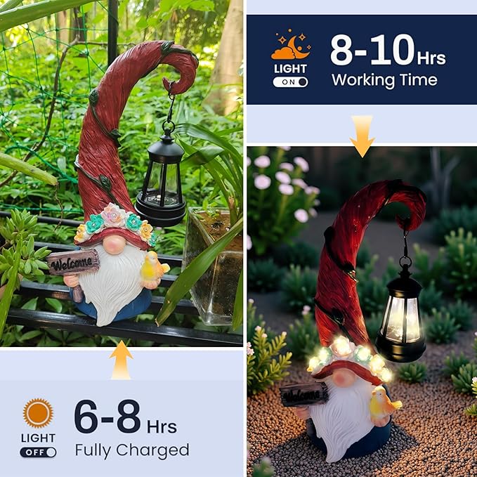 Solar gnome yard statue with hanging black lantern and colorful flowers, red hooded hat