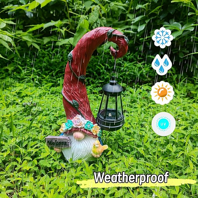 Weatherproof solar gnome figurine holding a black lantern in rainy garden, red hat and beard