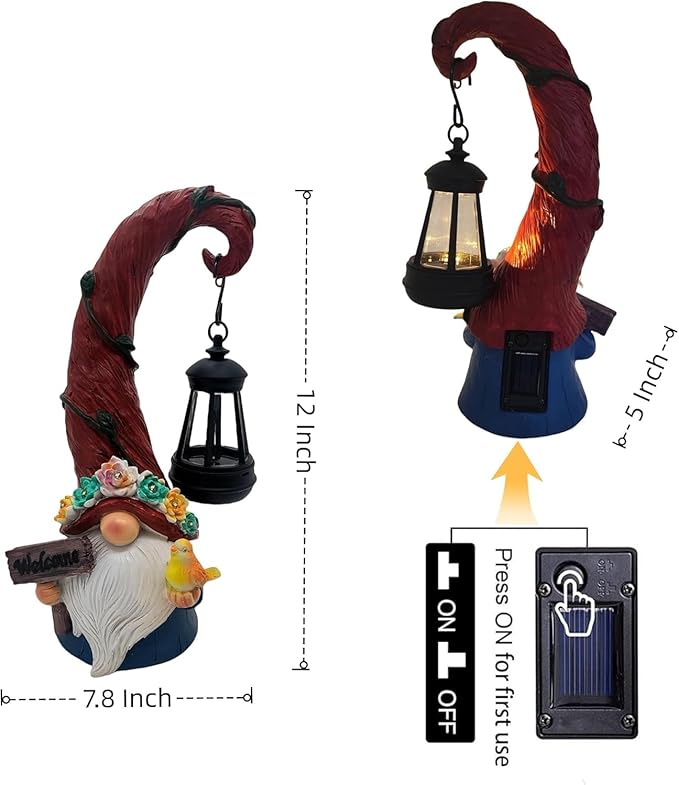 Solar gnome light figurine with hanging black lantern, red hat, and blue solar base