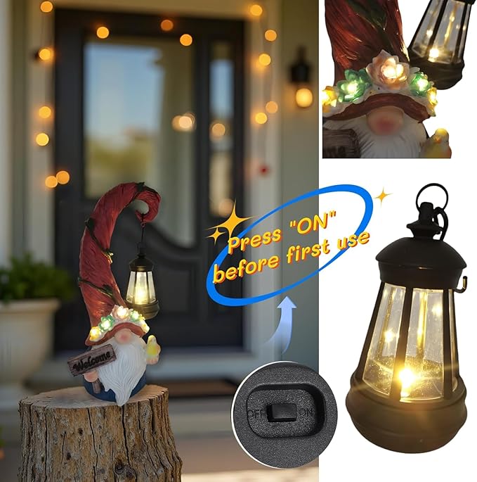 Solar gnome figurine with glowing black lantern near porch, red hat and white beard