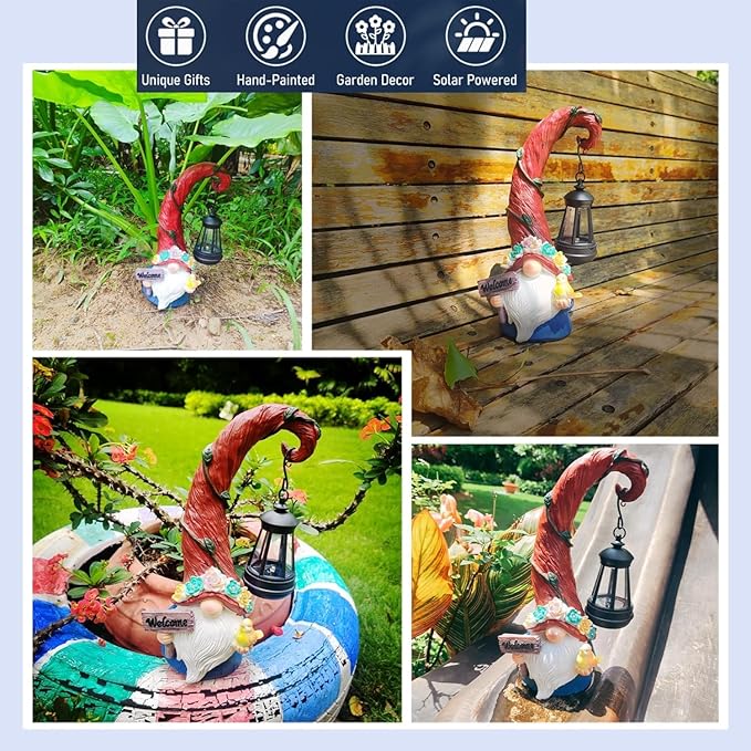 Solar gnome yard decor with hanging black lantern and red hat, shown in outdoor settings