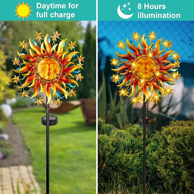 Colorful metal sun wind spinner with glowing LED lights on a garden stake
