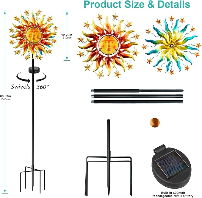 Metal sun wind spinner parts: rotating 360 stake, rods, solar panel and battery