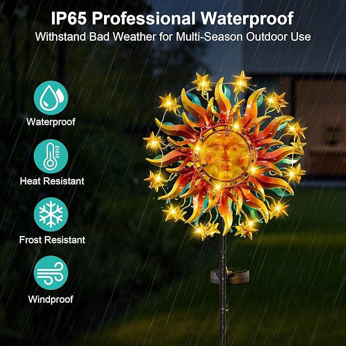 Weatherproof metal sun wind spinner with bright LED lights and solar panel stake