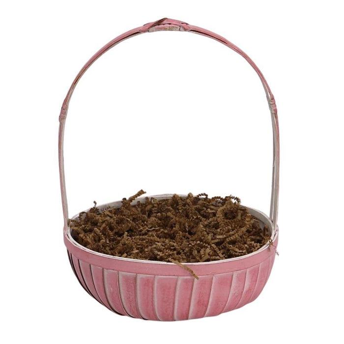Pink striped gift basket with handle, filled with brown shredded filler