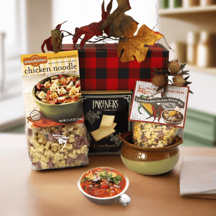 Soup gift box with red-and-black buffalo check and autumn leaf accents