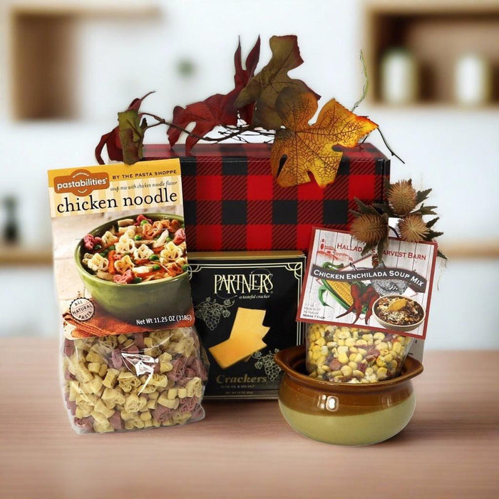 Soup gift box with buffalo check front, soup mix, crackers, and leafy garnish