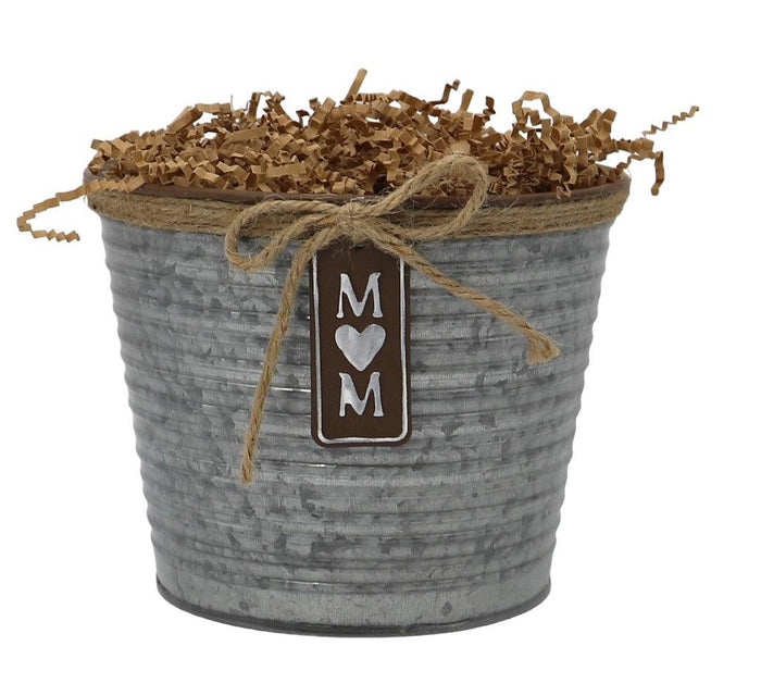 Gray Mom gift tin with twine handle and "M M" tag