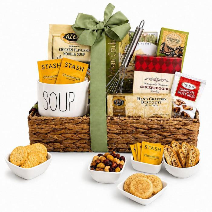 Comfort gift basket featuring noodle soup pouch, biscotti bag, and cookie mix, with bow