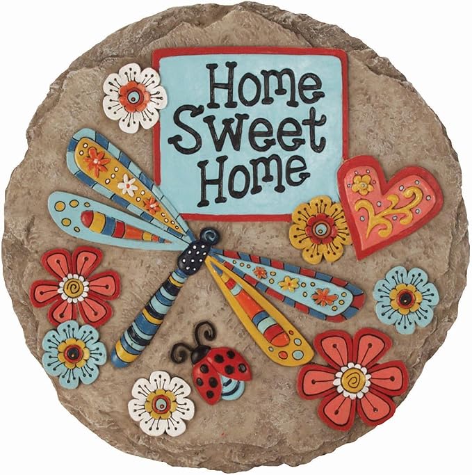 Garden stepping stone with “Home Sweet Home” text and colorful floral and dragonfly design
