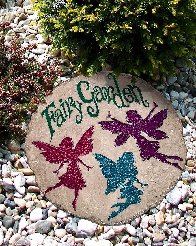 Garden stepping stone with “Fairy Garden” lettering and purple/blue fairy silhouettes