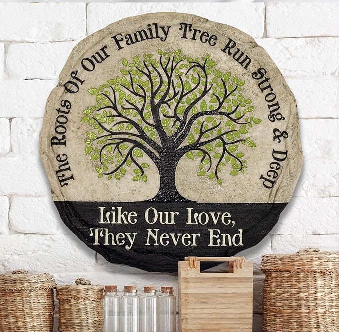 Garden stepping stone with tree branches and quote text “Our Family Tree Roots”