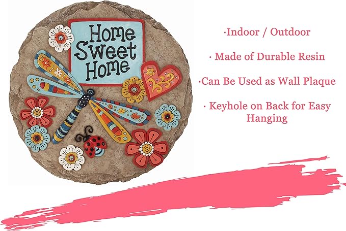 Round garden stepping stone with “Home Sweet Home” and colorful dragonfly and flower art