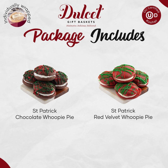 Two St. Patrick whoopie pie varieties in gift tins: chocolate and red velvet