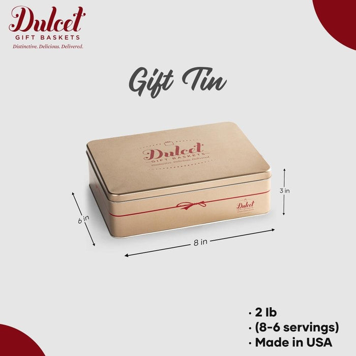 Gift tin dimensions: 8 in long, 6 in wide, 3 in tall
