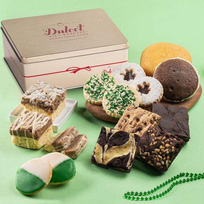 Assorted cookie gift box with assorted pastries and sprinkles on a tray