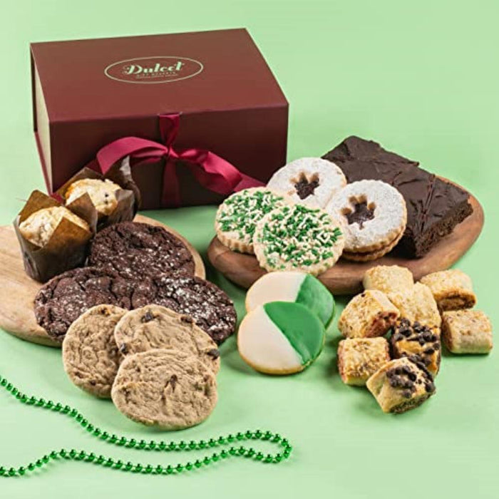 St. Patricks Gourmet Style Gift Basket with assorted cookies and open gift box