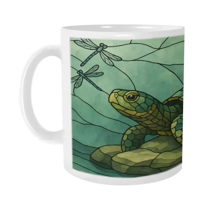 Stained glass sea turtle mug with green turtle and dragonfly line art on white ceramic