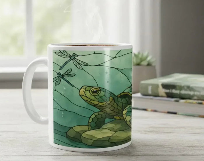 Stained glass sea turtle mug on table, green turtle design on white ceramic