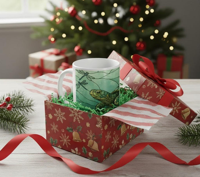 Stained glass sea turtle mug with green turtle graphic and white handle