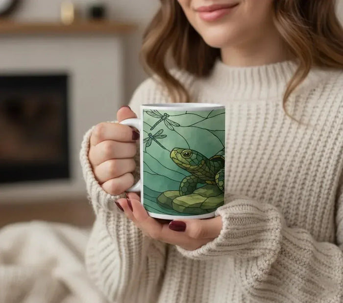Stained glass sea turtle mug held in hands, green turtle design on white ceramic