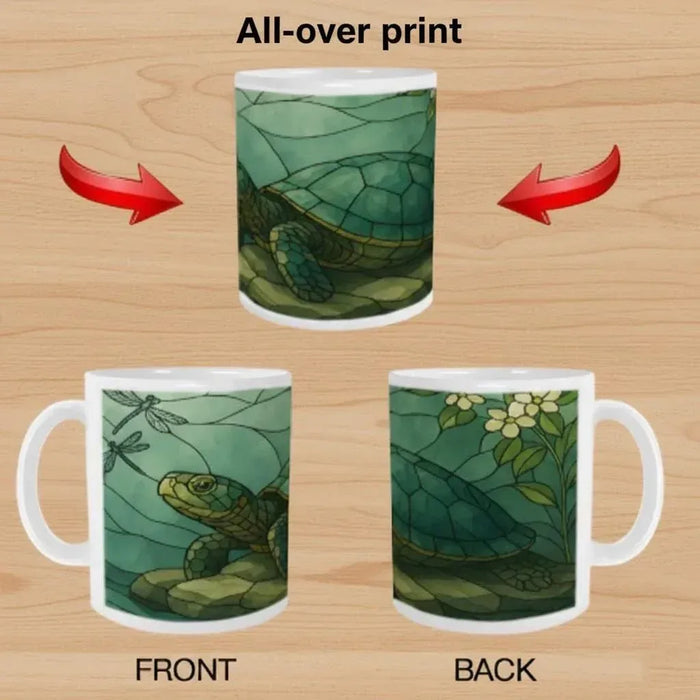 Stained glass sea turtle mug, front and back designs on white ceramic with green print