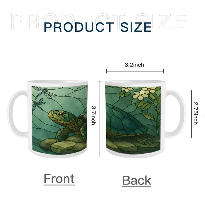 Ceramic sea turtle mug with green stained-glass design, front and back with size labels