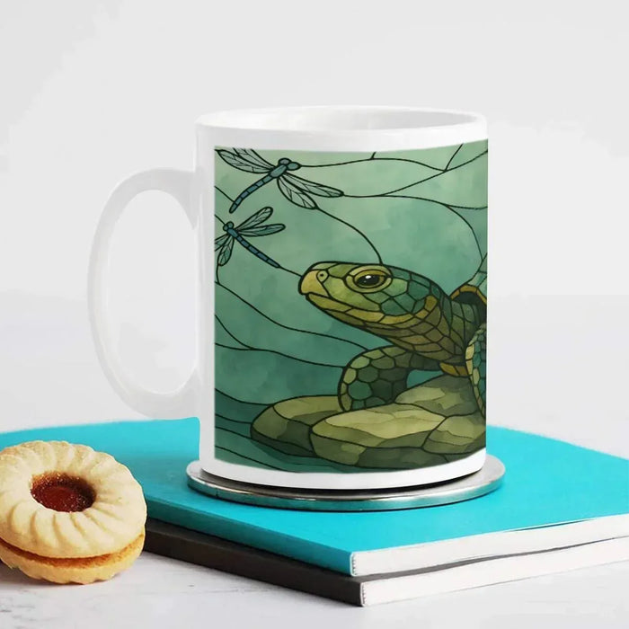 Stained glass sea turtle mug with green turtle graphic on white cup and handle