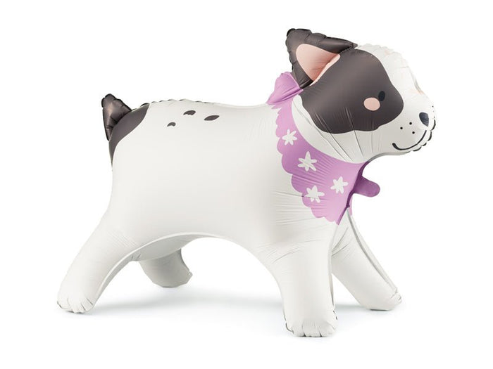 Standing bulldog-style foil balloon with black-and-white face and purple bandana