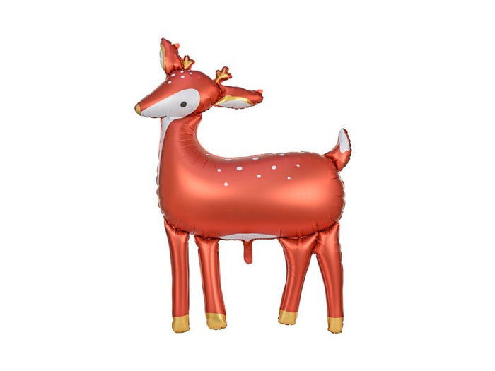 Red deer-shaped foil balloon with white muzzle and antlers, standing upright