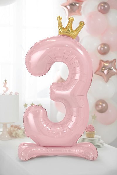 Pink number 3 standing foil balloon with gold crown topper
