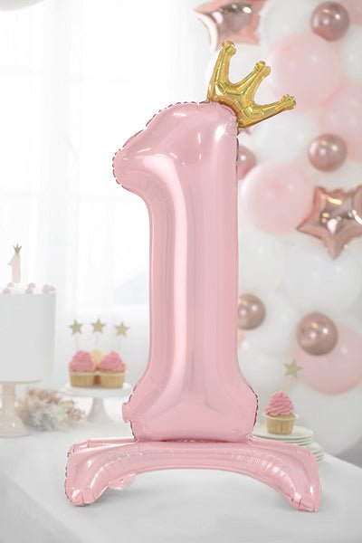 Pink number 1 standing foil balloon with gold crown topper