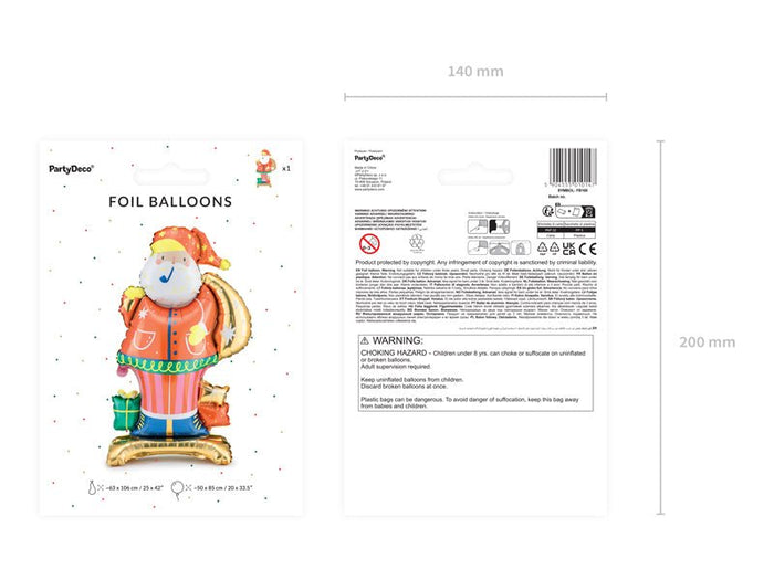 Standing Santa foil balloon product packaging with size details and barcode