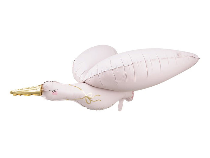 Stork balloon decoration in pale pink and white with gold foil accents, curved wings.