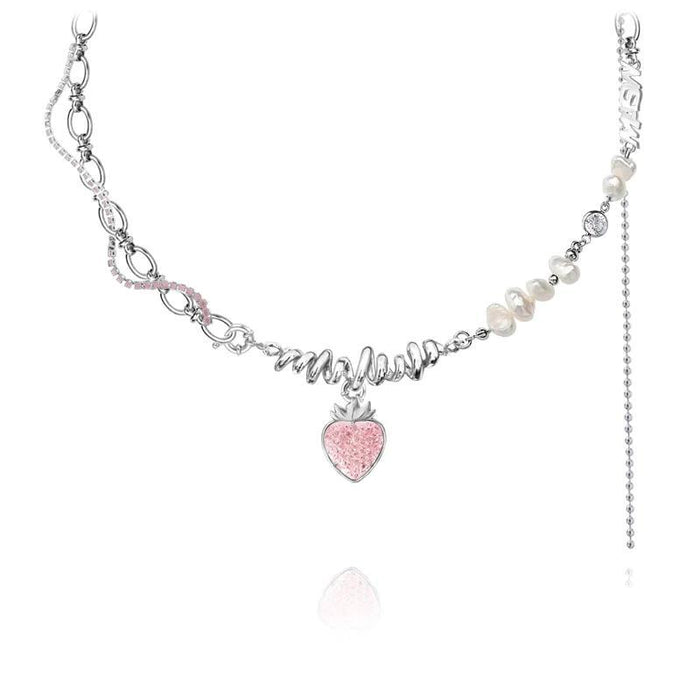 Silver-tone strawberry-heart pendant necklace with pink charm, pearl beads, and dangling tassel