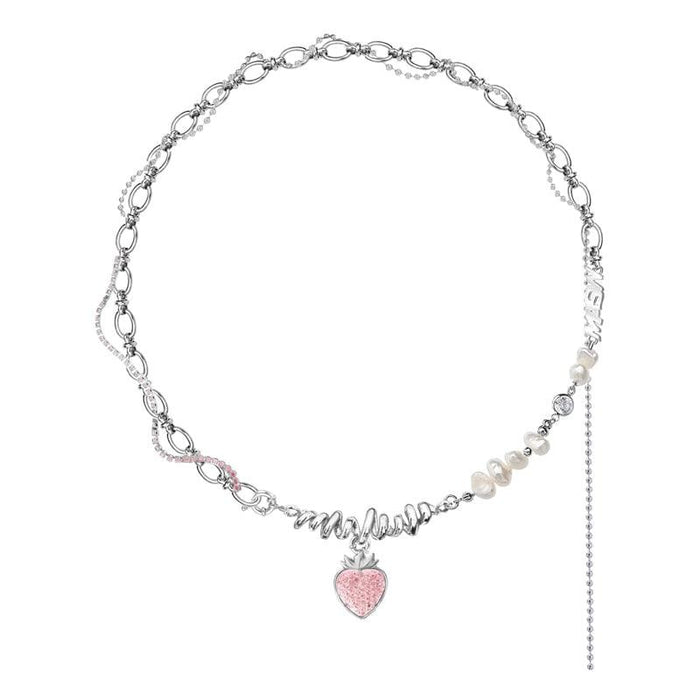Silver-tone strawberry-heart pendant necklace with pearl bead detail and long tassel
