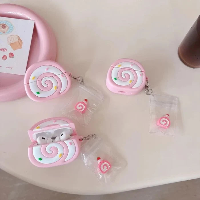 Strawberry Swiss Roll AirPods Case | Kawaii Dessert Earbud Cover